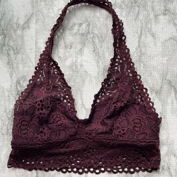 American Eagle Outfitters Aerie Boho Lace Halter Bralette Size Small - Maroon - Picture 3 of 5